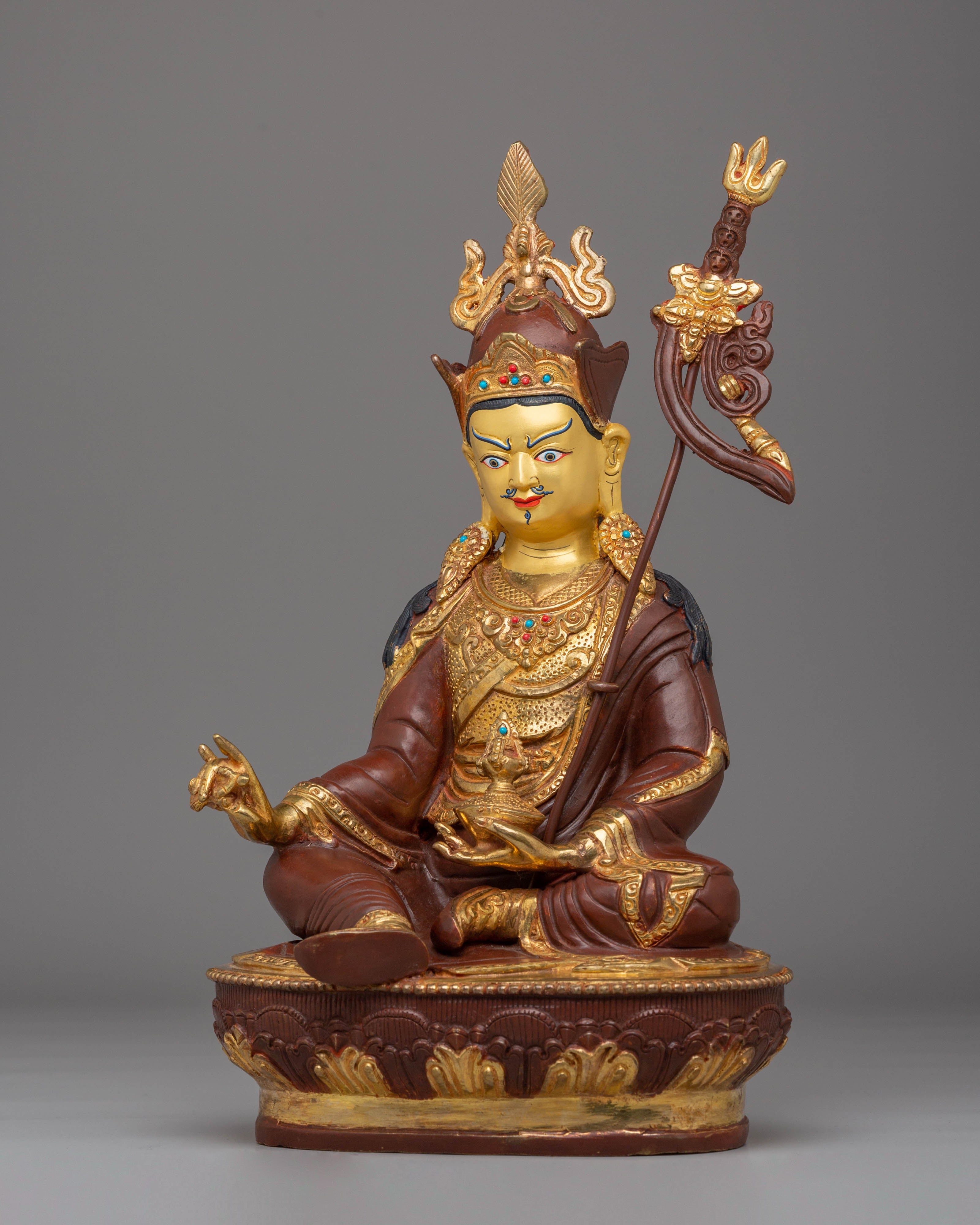 Padmasambhava Himalayan Statue | Copper, Gold-Plated with Coral & Turquoise Accents