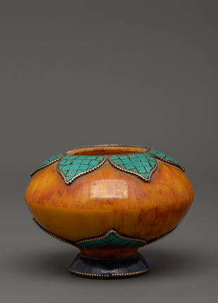 Amber Rice Pot Buddhist Altar Decor | Turquoise & Lapis Inlaid Ritual Rice Pot