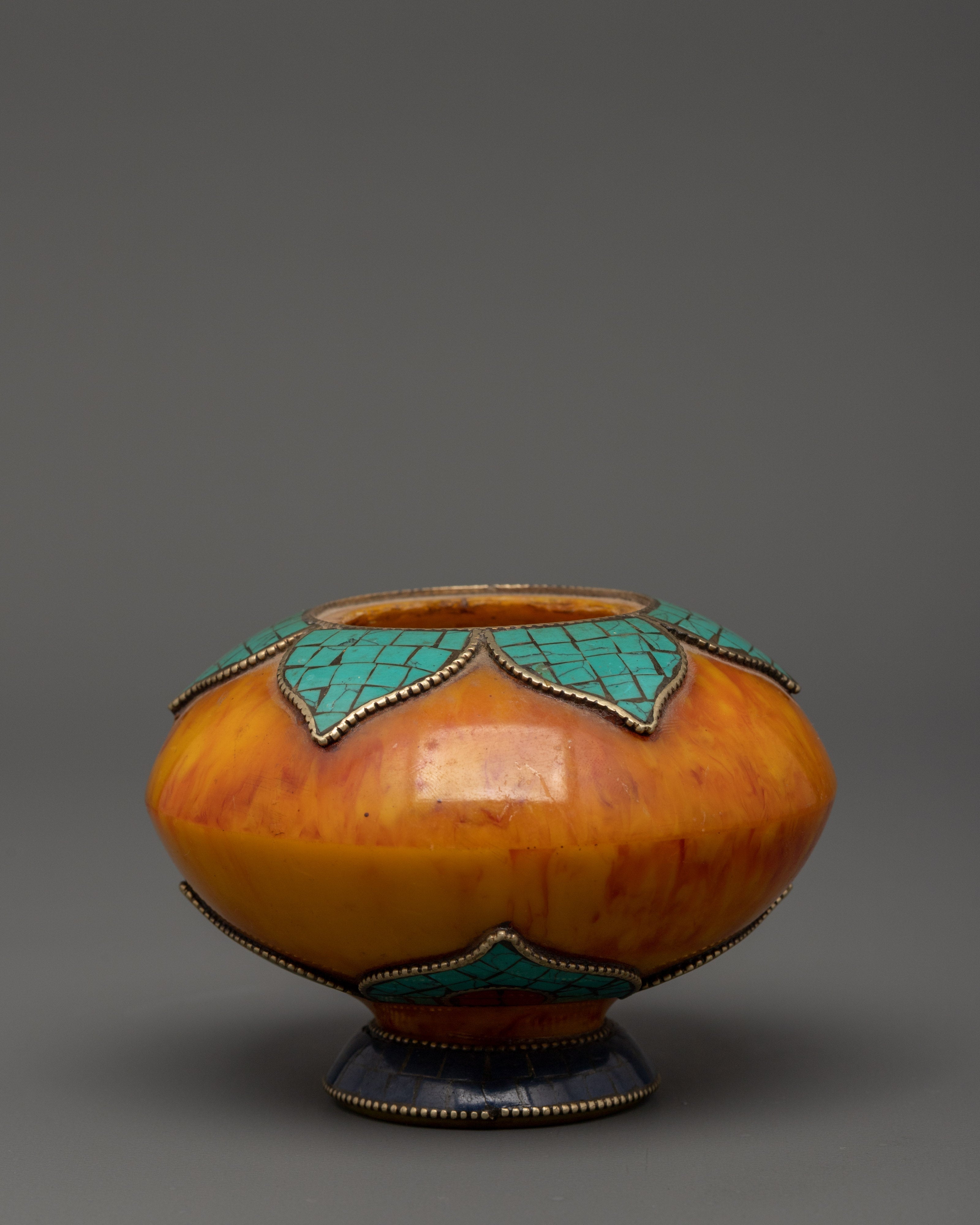 Amber Rice Pot Buddhist Altar Decor | Turquoise & Lapis Inlaid Ritual Rice Pot