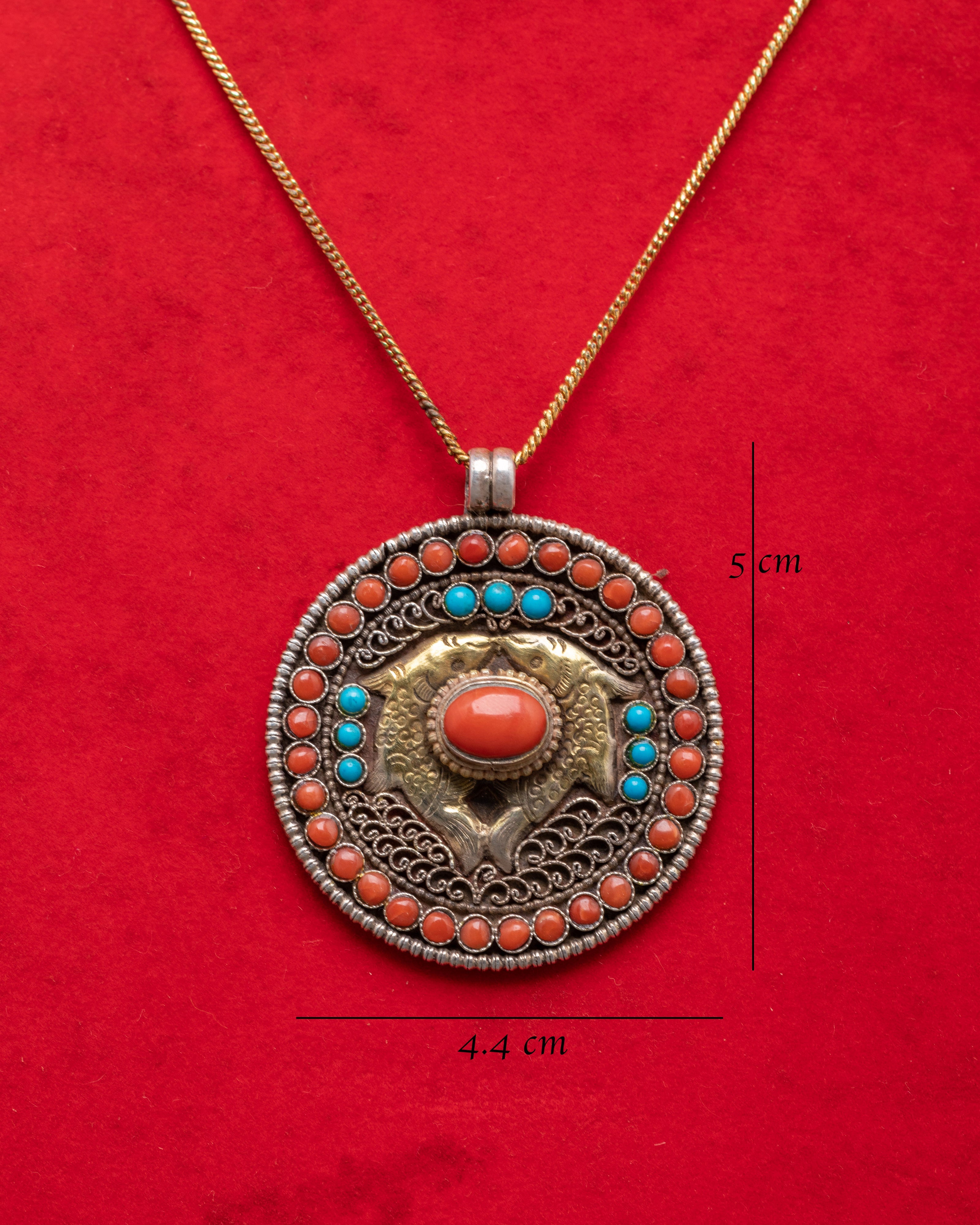 Traditional Himalayan Pendant | Handmade Silver Pendant with Coral & Turquoise