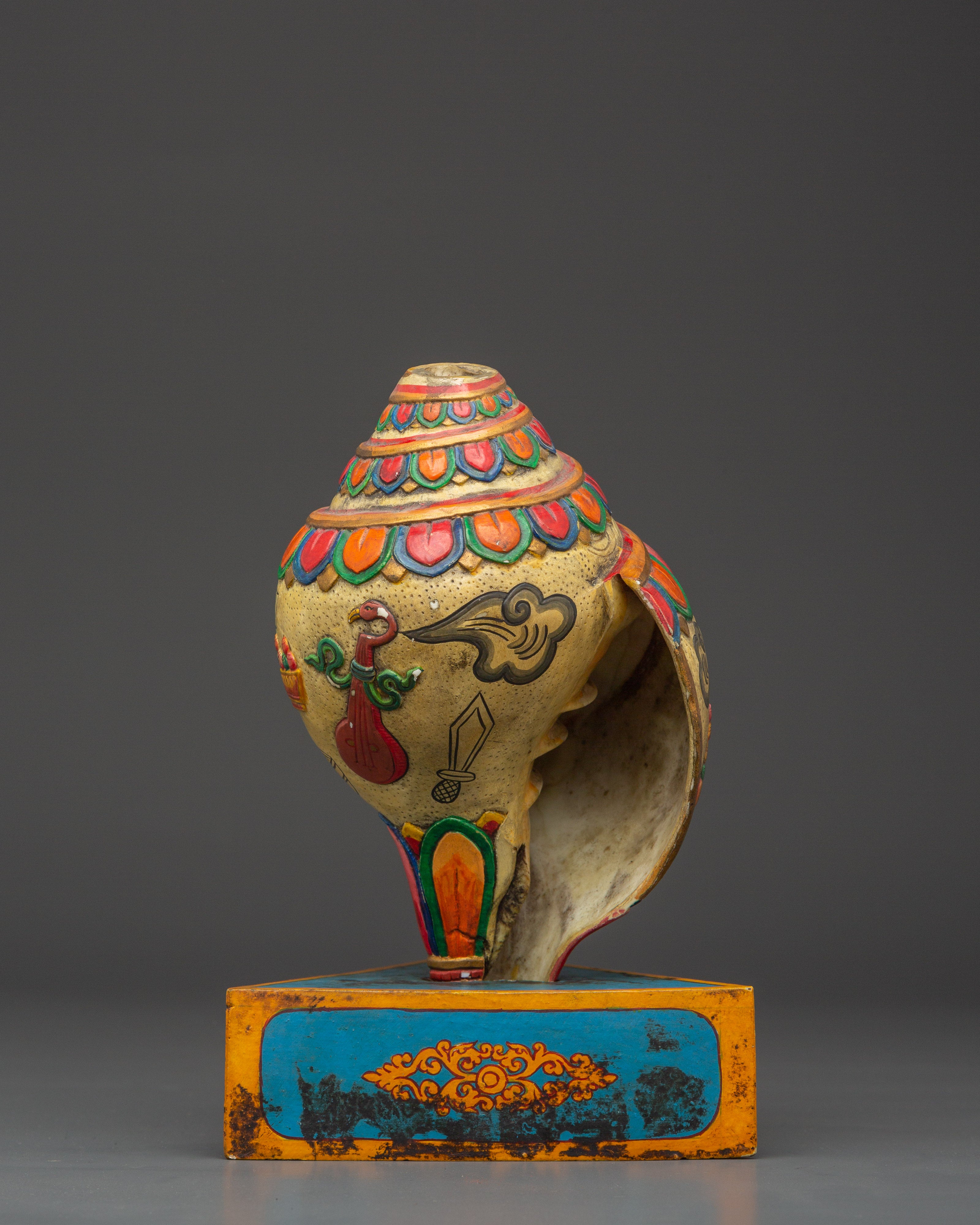 Tibetan Puja Conch Shell | Hand-Painted Ritual Shankha