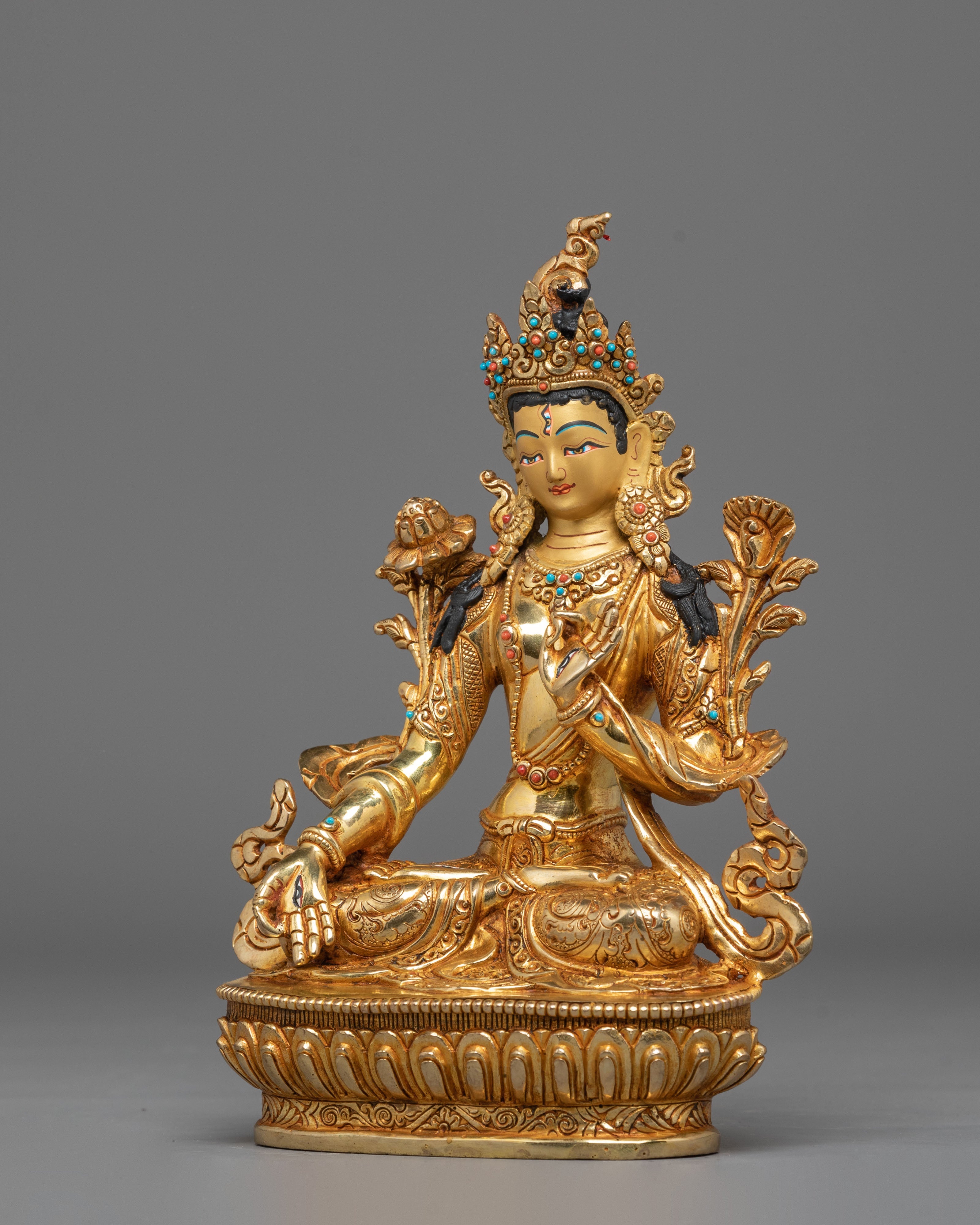 Statue of Sita Tara | Gold Plated Copper Sculpture with Coral and Turquoise