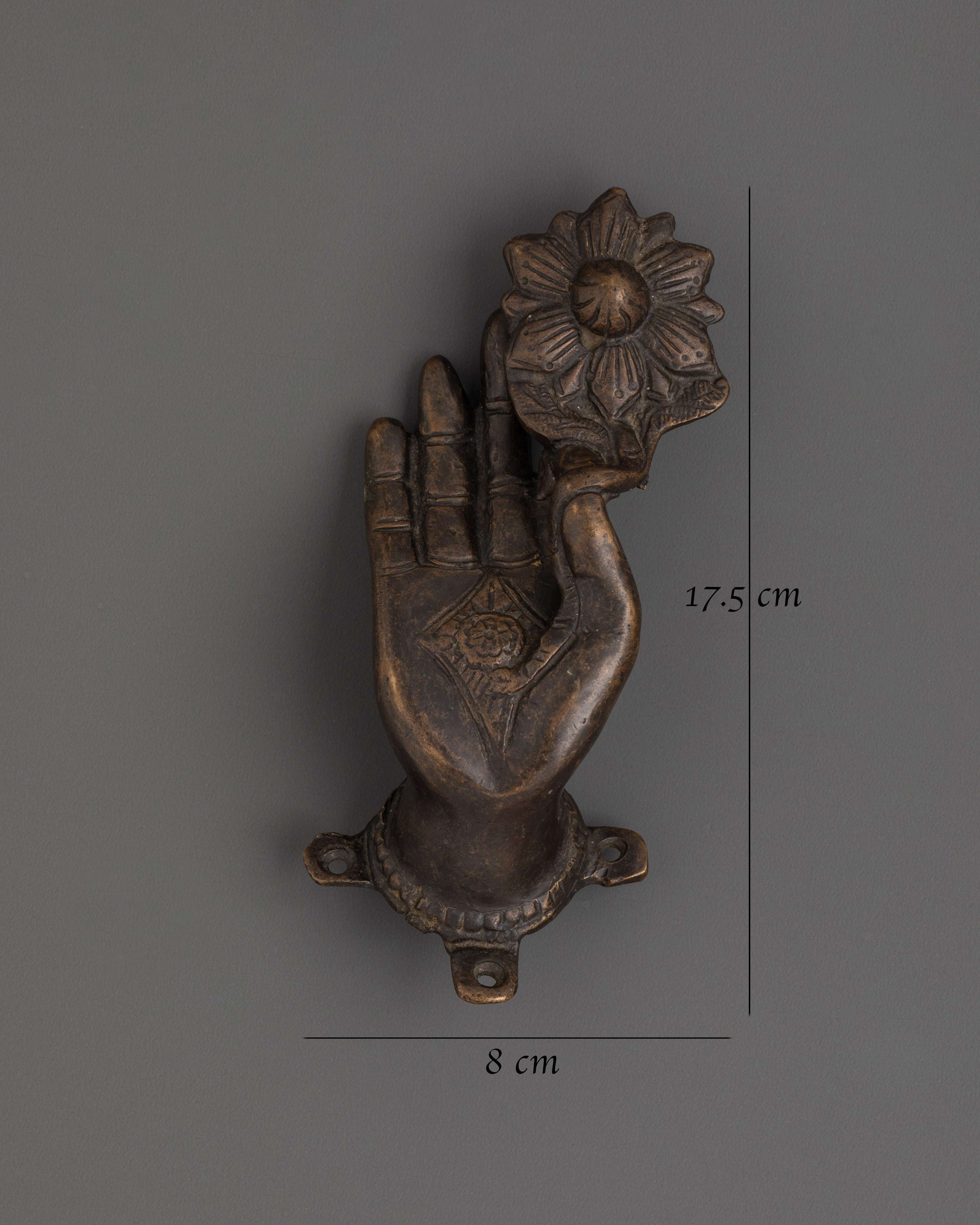Brass Hand Holding Lotus Door Handle | Artistic Sacred Symbol Door Pull