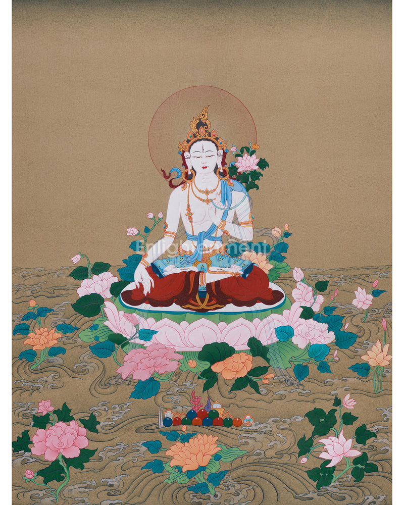 Female Bodhisattva White Tara Thangka | Handmade Sita Tara Painting
