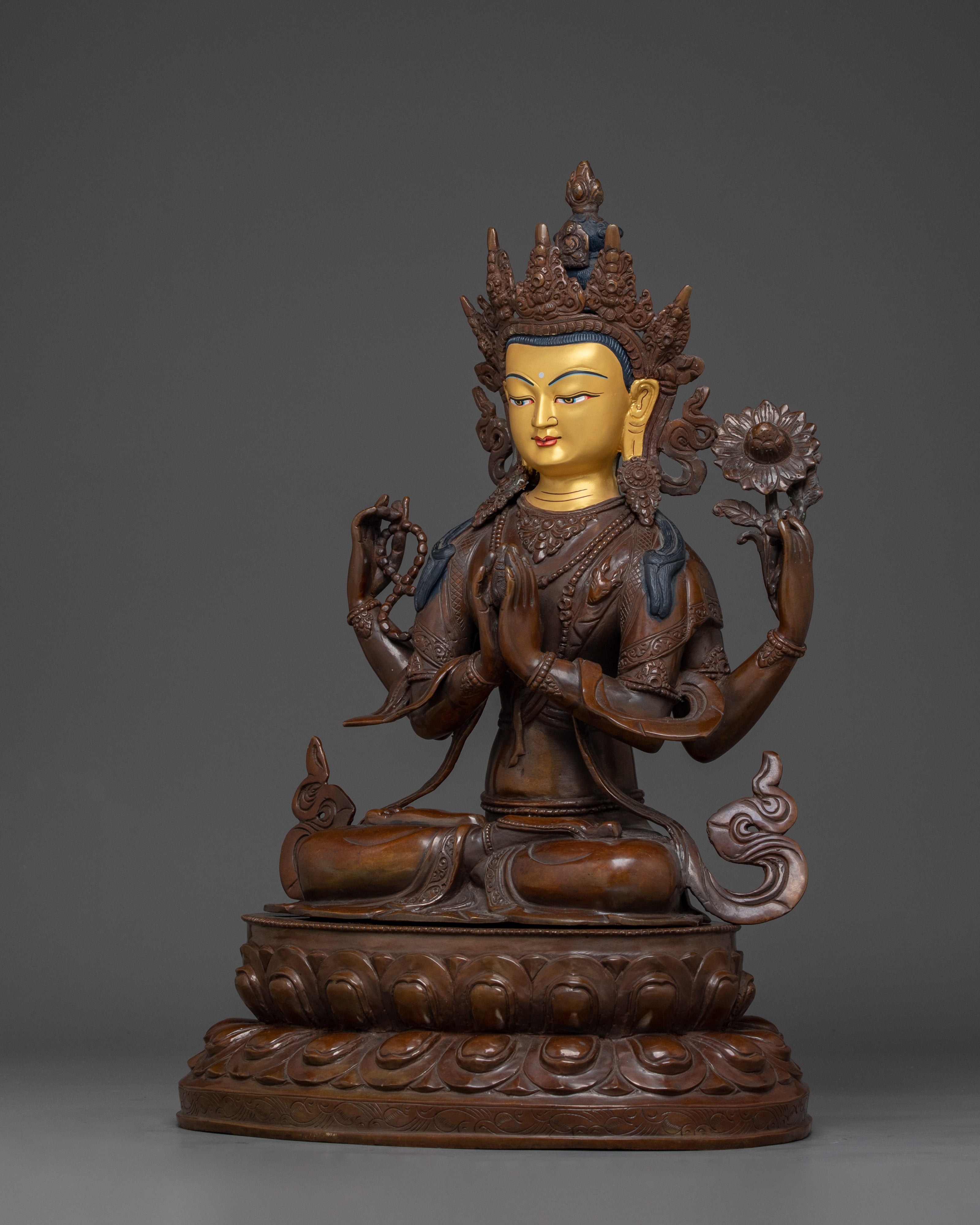 Chenrezig Statue in Oxidized Copper | Majestic Nepalese Buddhist Altar Piece