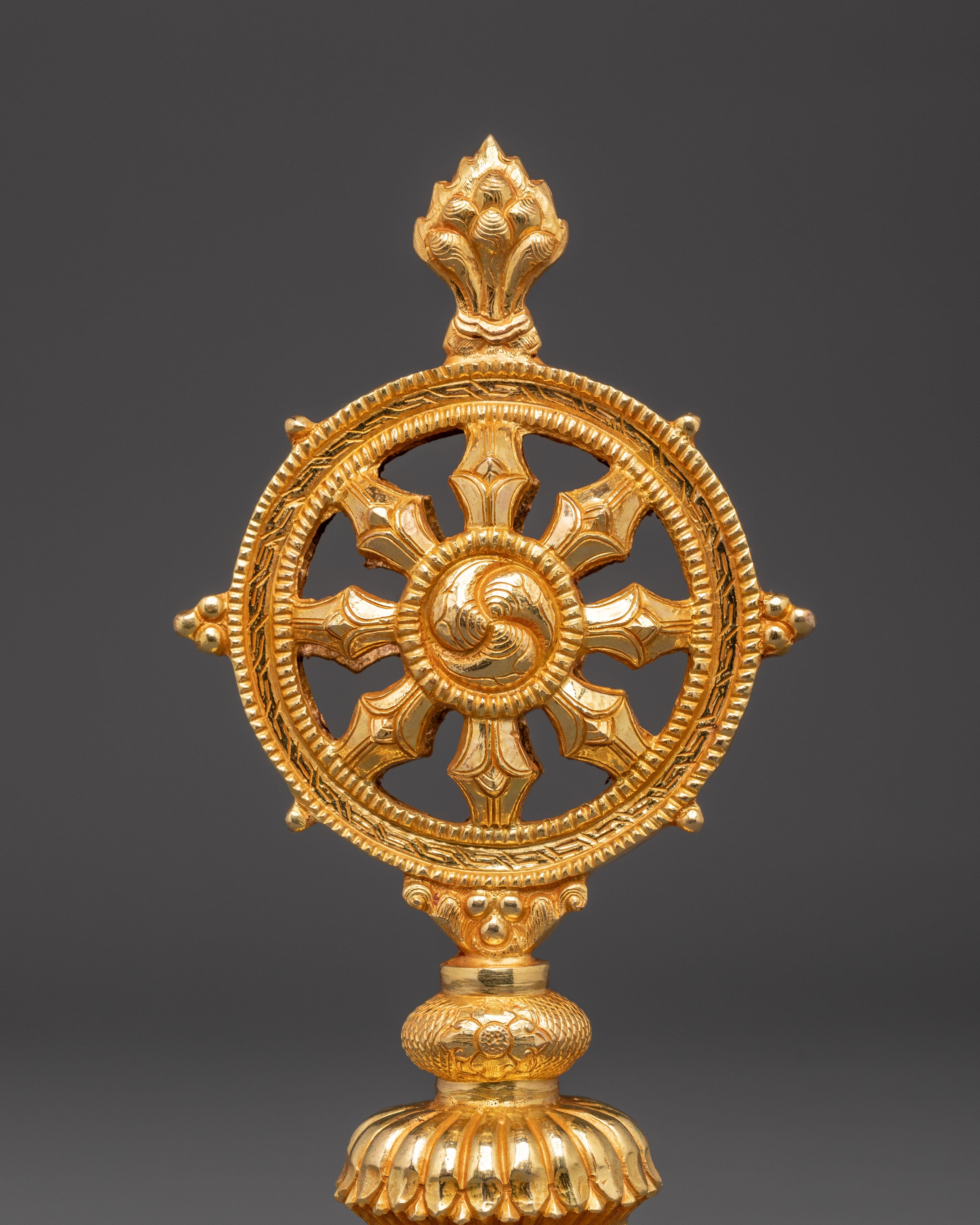 Gold Plated Dharma Wheel with Deer | Tibetan Buddhist Altar Symbol