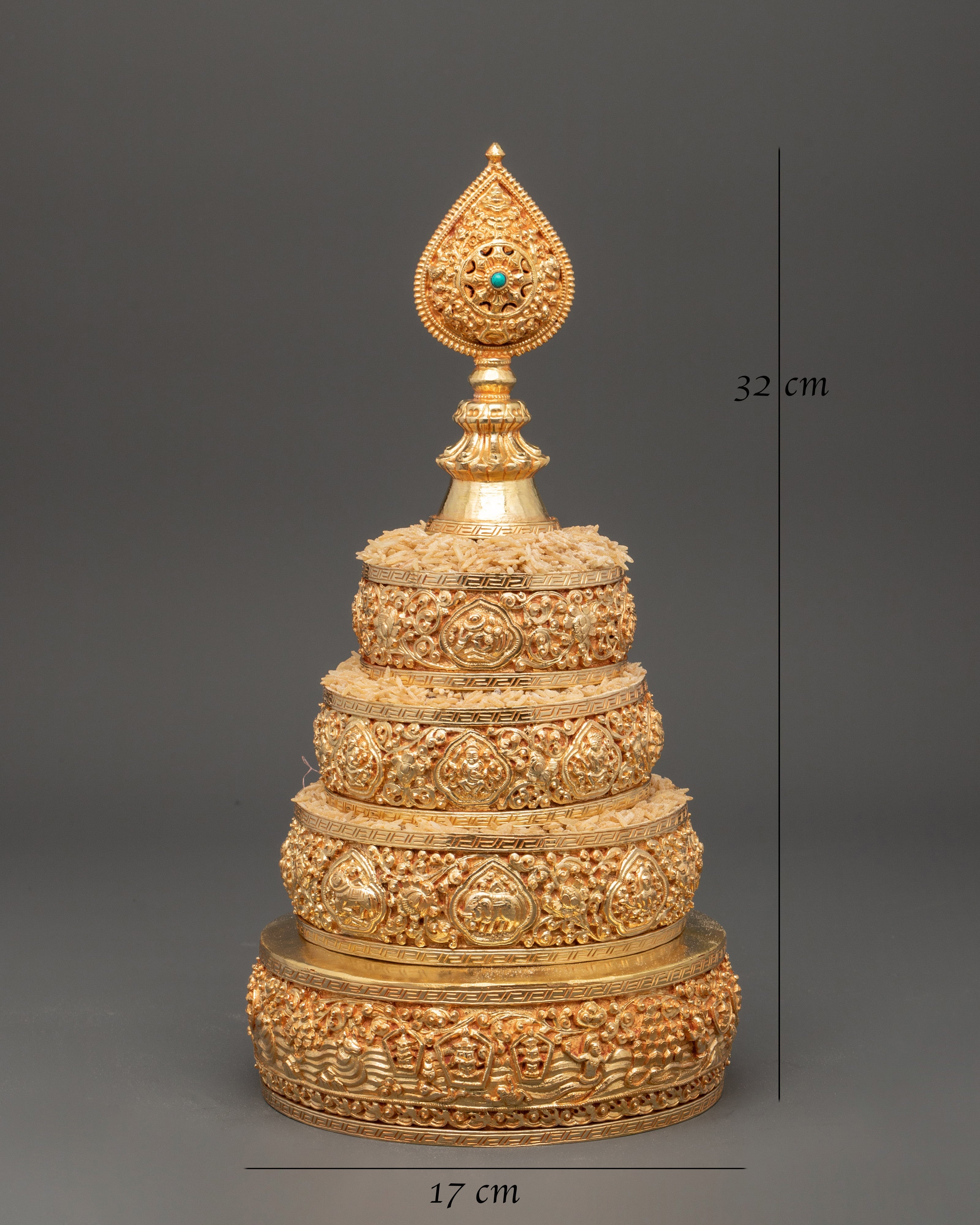 Gold Plated Tibetan Mandala Offering Set with Turquoise Stone | Spiritual Offering