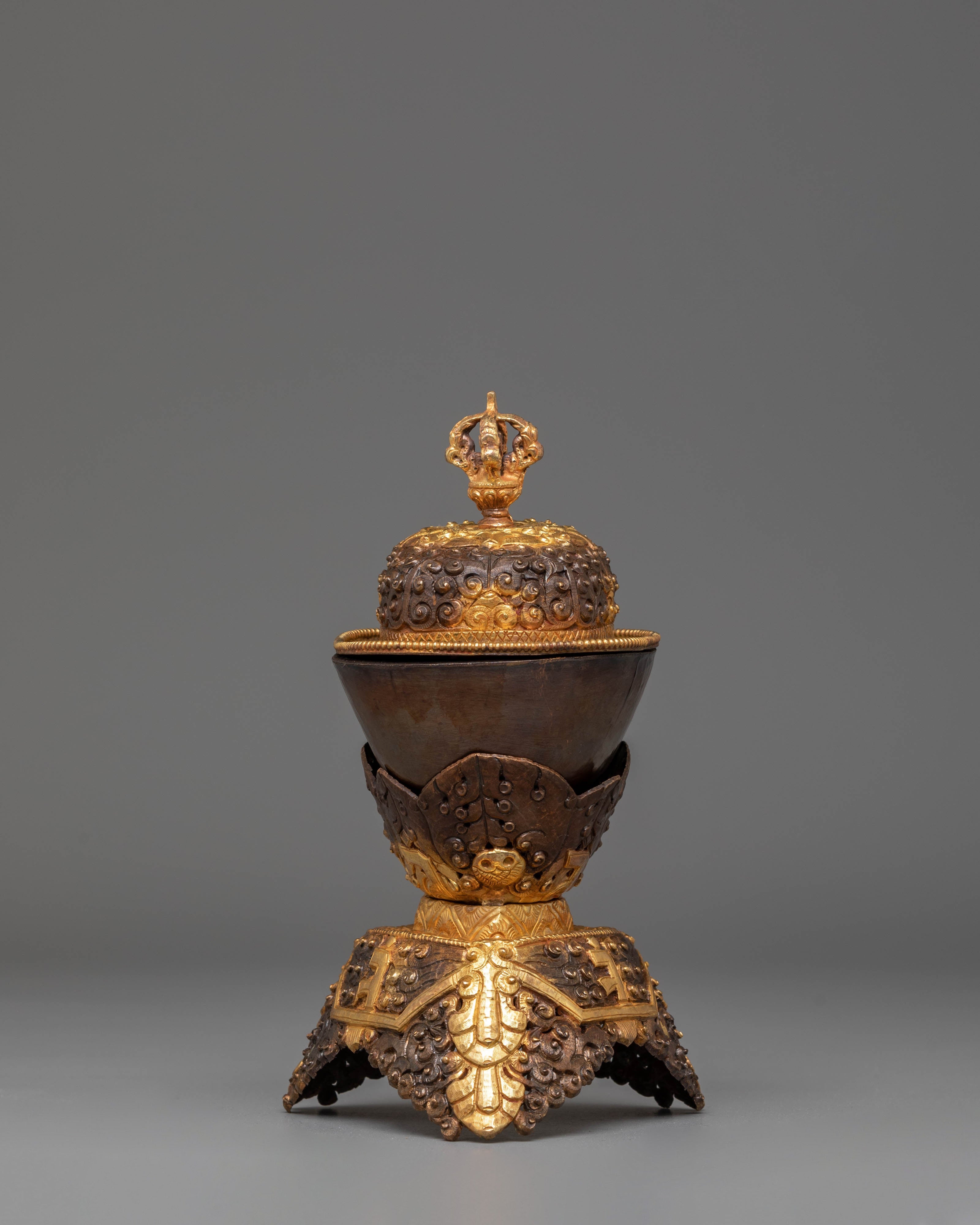 Handmade Kapala Sacred Ritual Set | Gold Plated Tibetan Offering Set