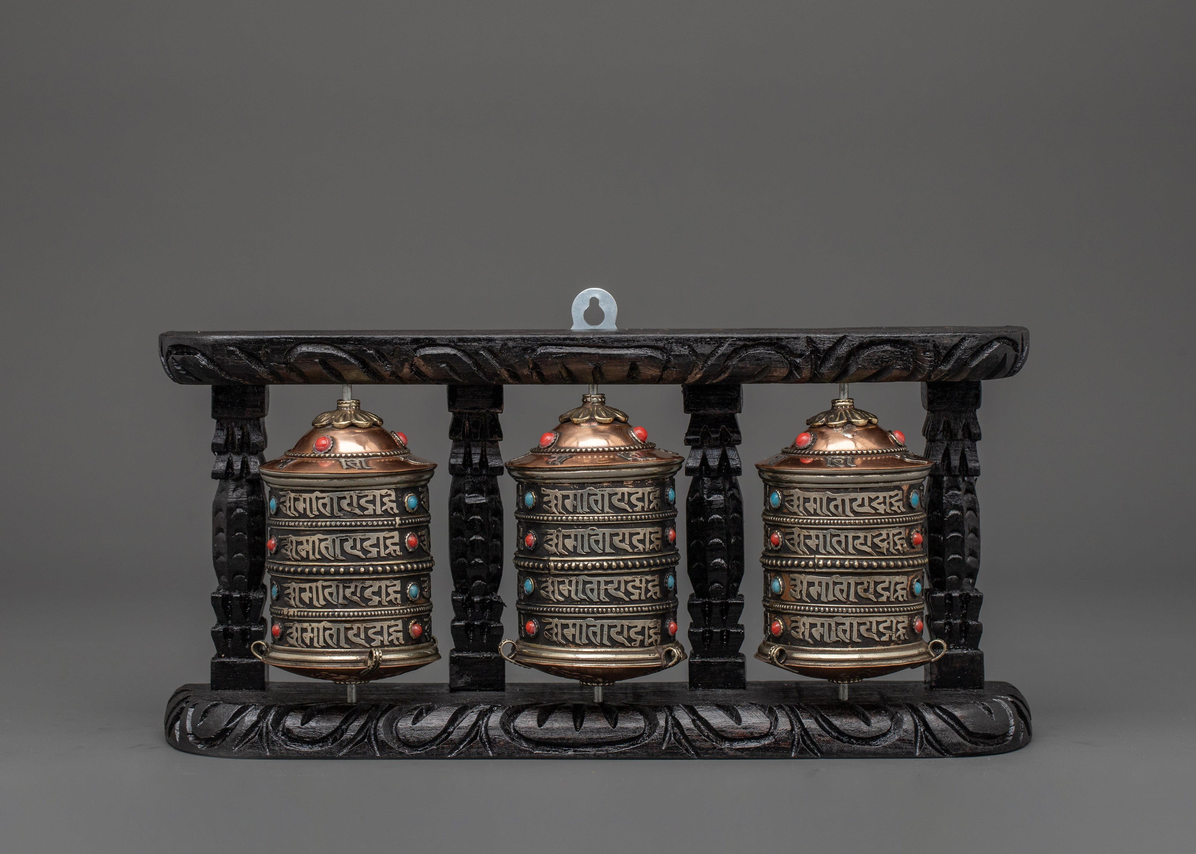 Three-Wheel Prayer Spinner in Wooden Frame | Tibetan Buddhist Home Blessing Tool