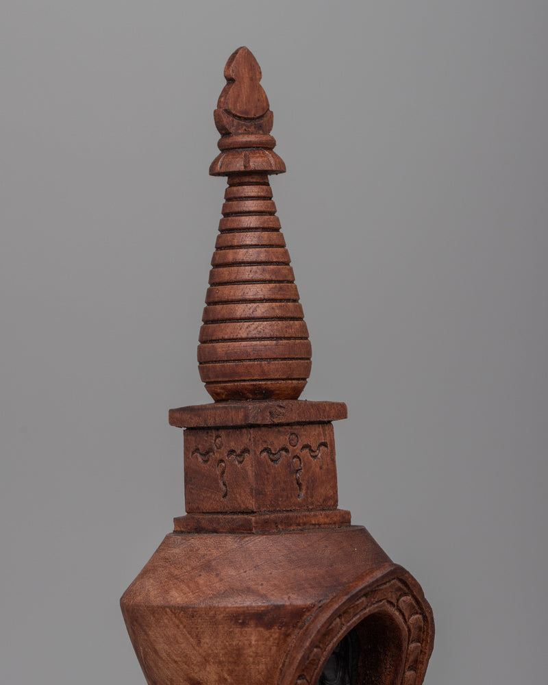 Wooden Stupa with Shakyamuni Buddha | Handcrafted Wooden Carved Artifact From Nepal | Spiritual Home Decor