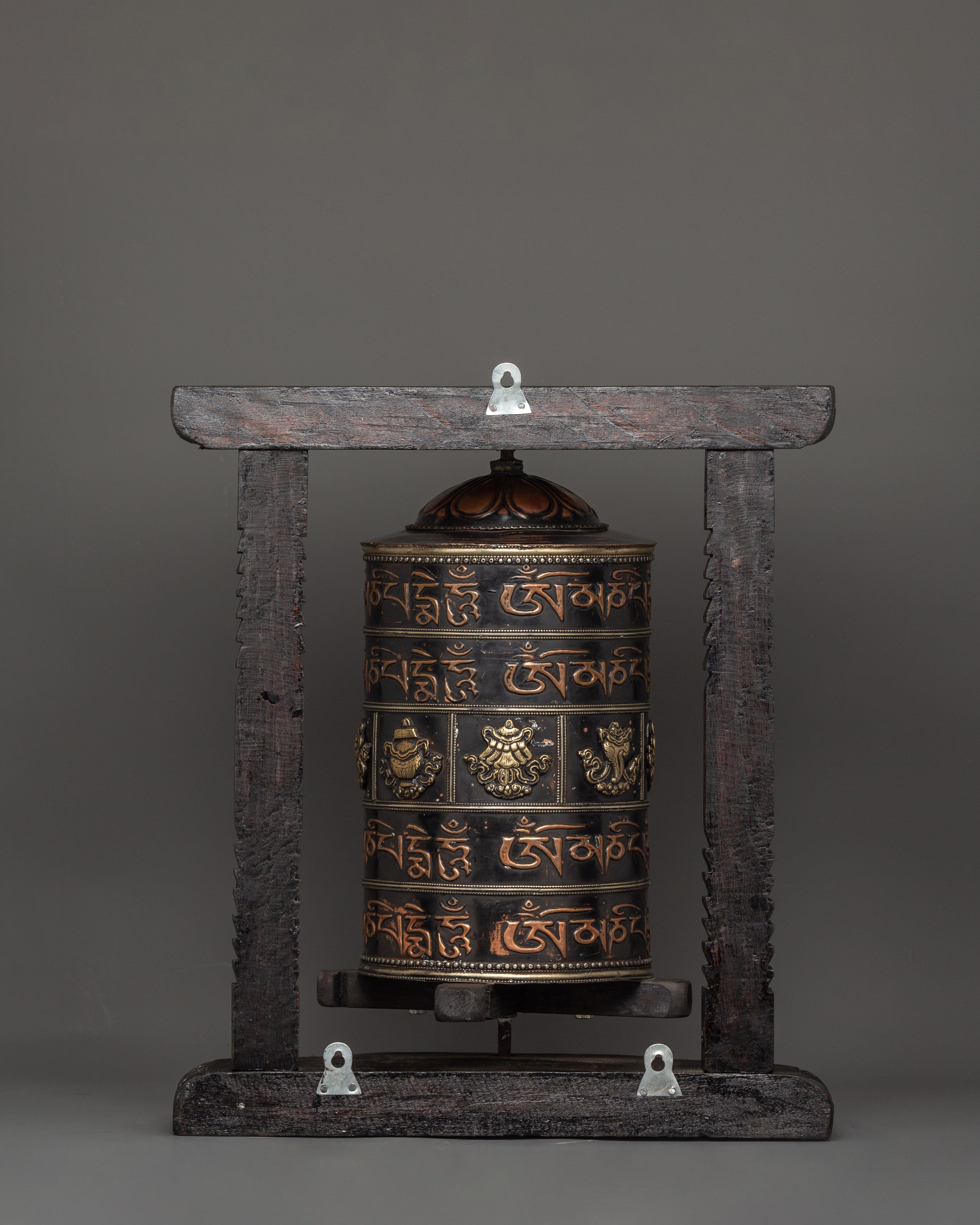 Prayer Wheel Carved with Wooden Frame | Copper & Brass Mantra Wheel