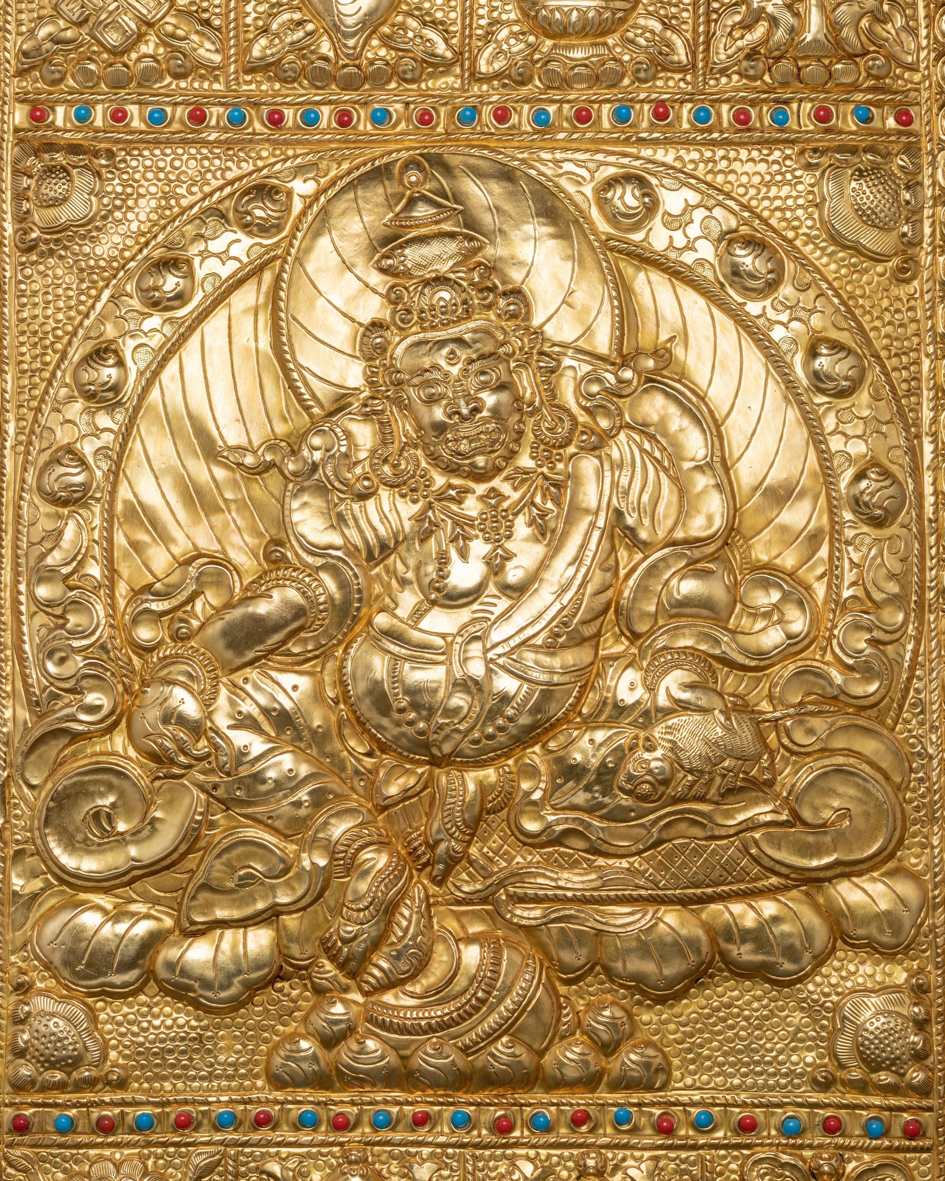 Dzambhala Metal Thangka Wall Hanging | Brass Tibetan Wealth Deity Artwork