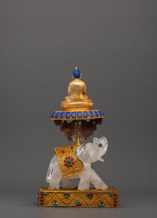 Shakyamuni Buddha on Crystal Elephant | Lapis & Coral Inlaid Gold Statue