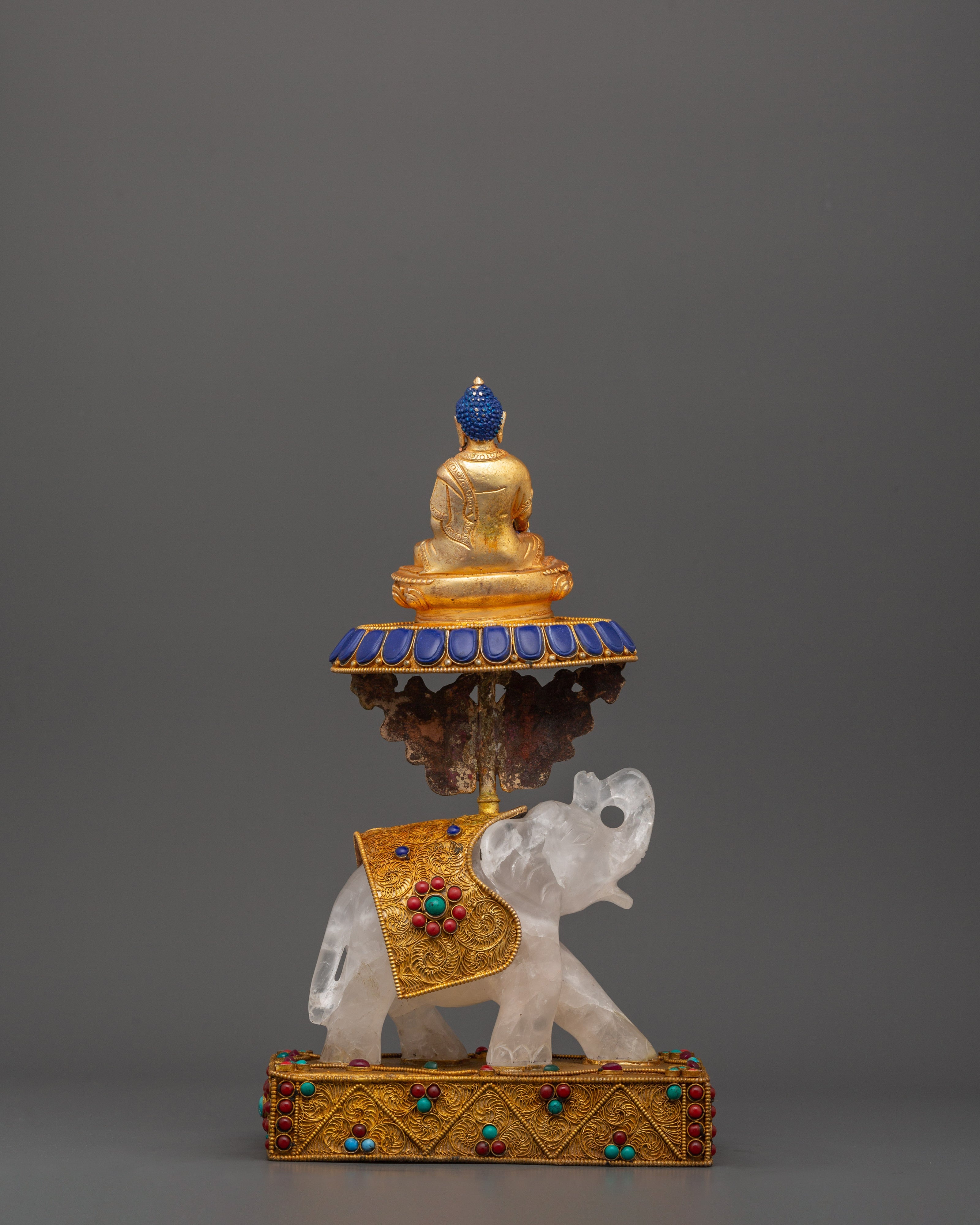 Shakyamuni Buddha on Crystal Elephant | Lapis & Coral Inlaid Gold Statue