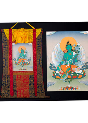 Green Tara Brocade Thangka | Female Bodhisattva | Awakened Buddha