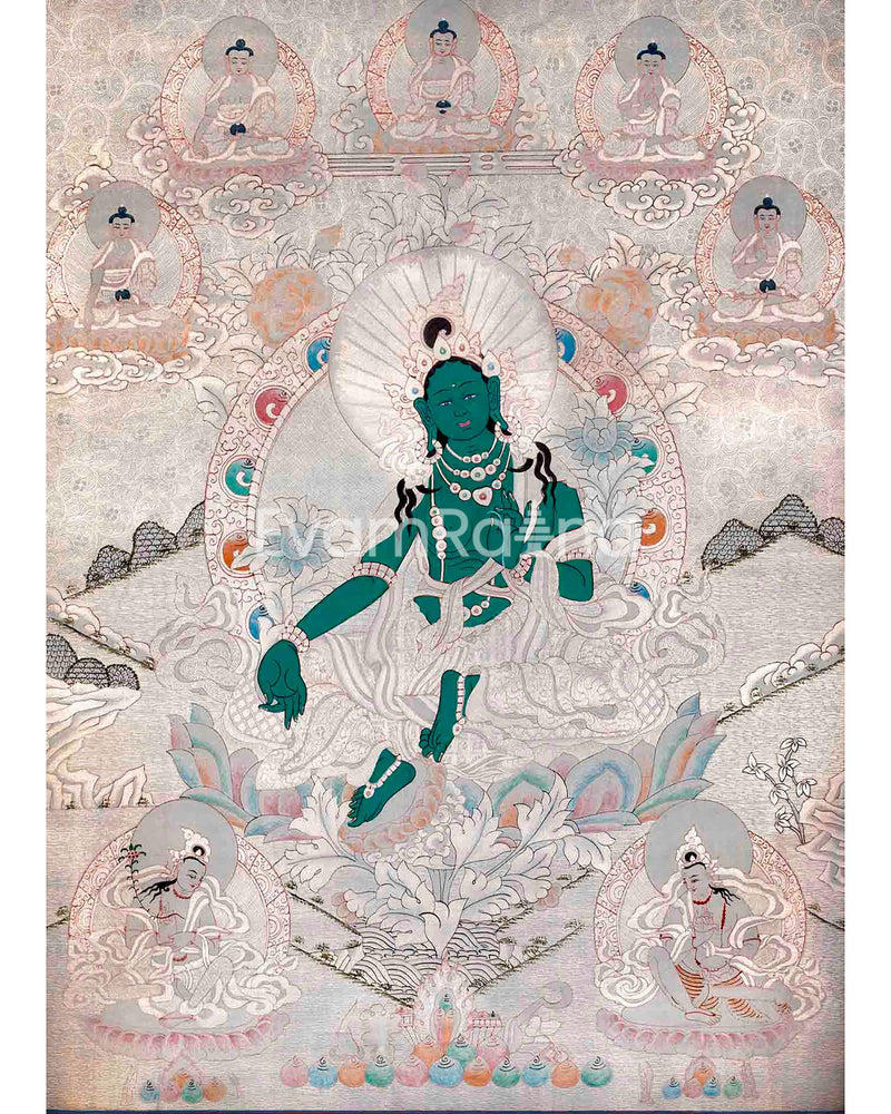 Silver Style Green Tara Thangka Art | Original Hand Painted Thangka Painting | Wall Hanging For Meditation And Yoga |