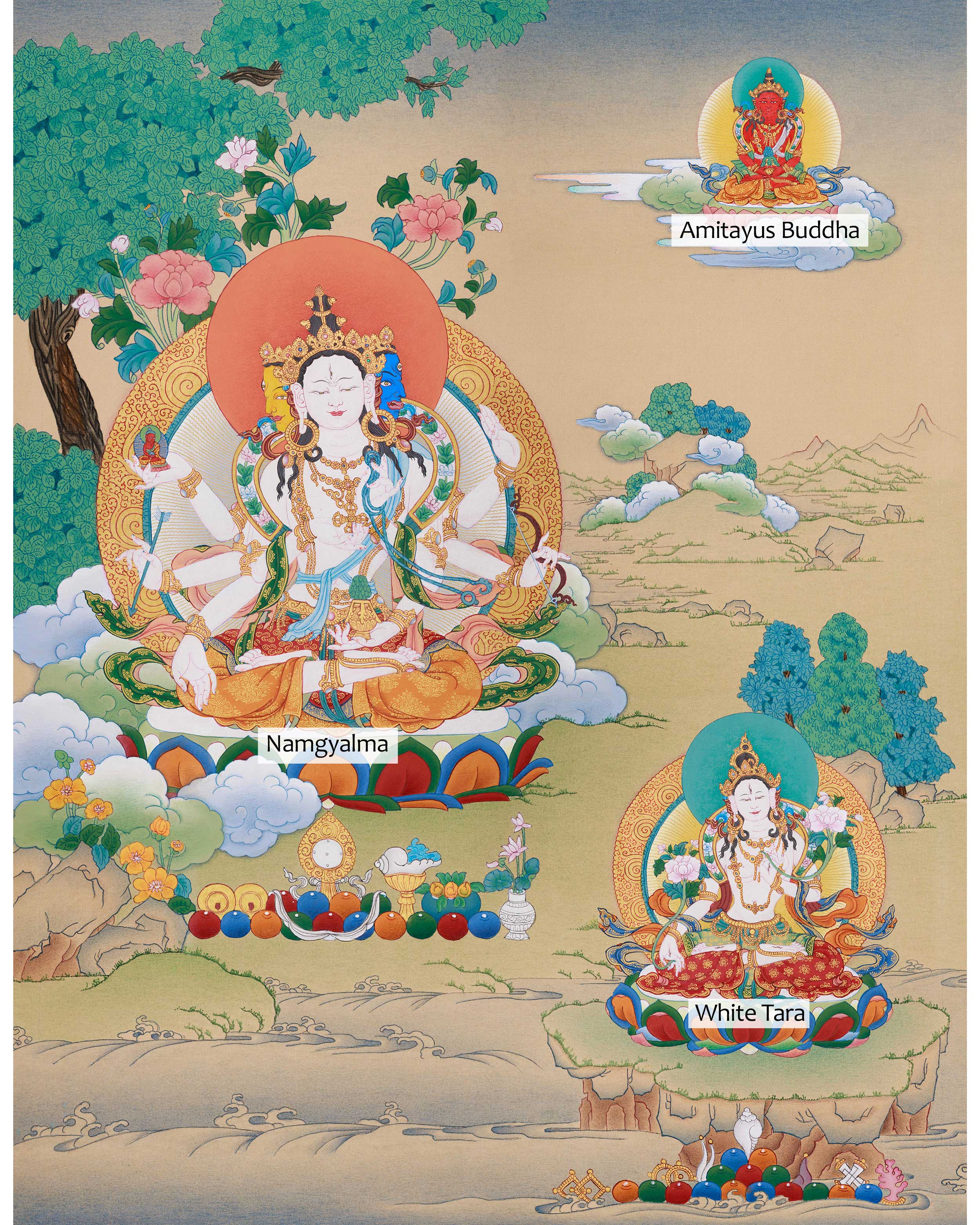 Namgyalma, White Tara, and Amitayus Buddha | A Sacred Trio of Healing, Compassion, and Longevity