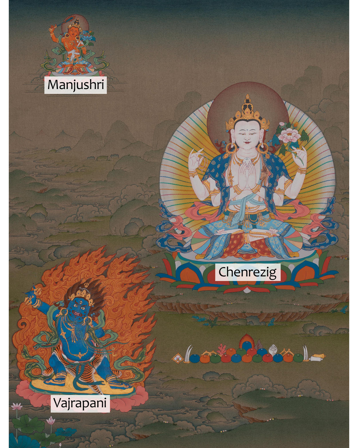 Chenrezig With Manjushri And Vajrapani Thangka | Buddhist Three Bodhisattvas Artwork