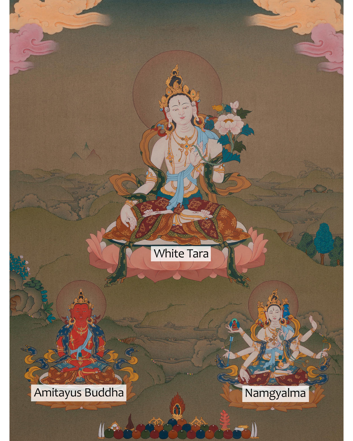 Hand-Painted White Tara Longevity Deity | Amitayus And Namgyalma Thangka