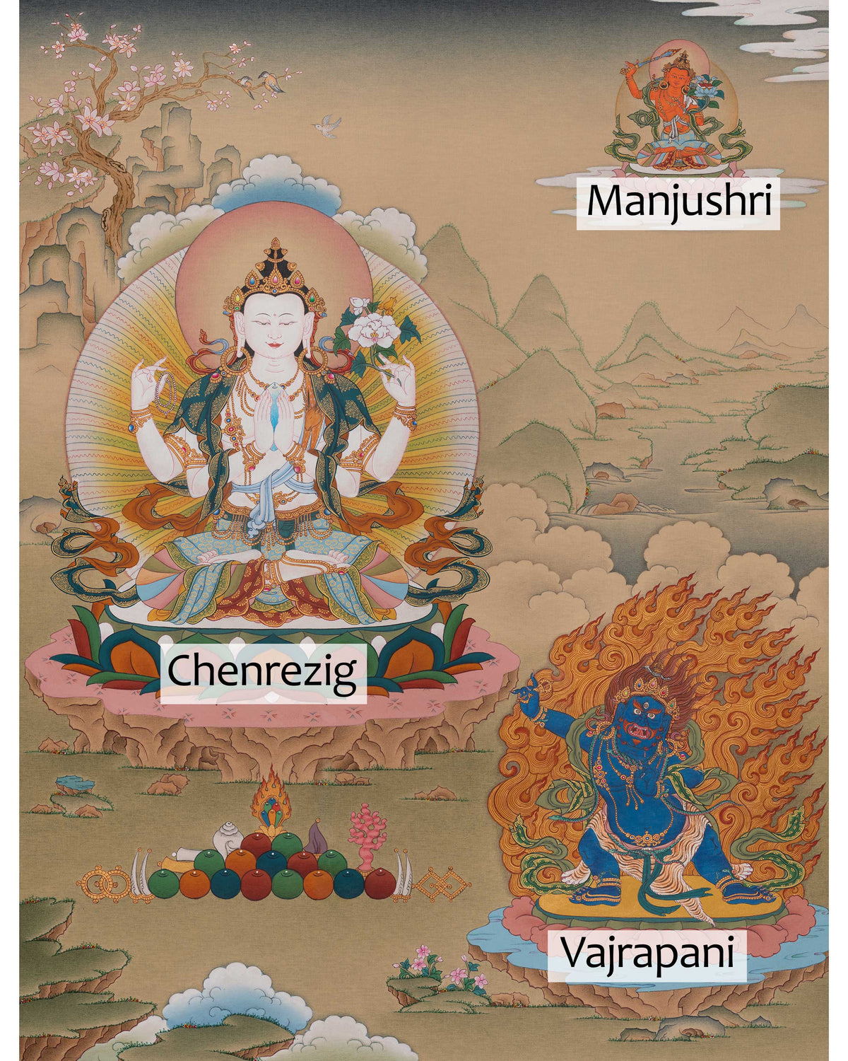 Chenrezig with Vajrapani and Manjushri Artwork | Three Bodhisattvas Thangka