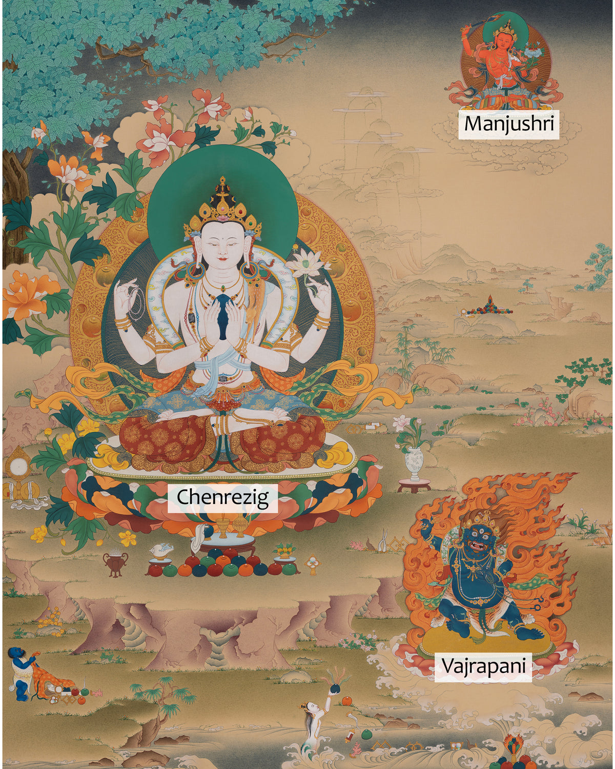 Chenrezig With Vajrapani and Manjushri Art | Symbol of Compassion, Spiritual Strength, and Wisdom