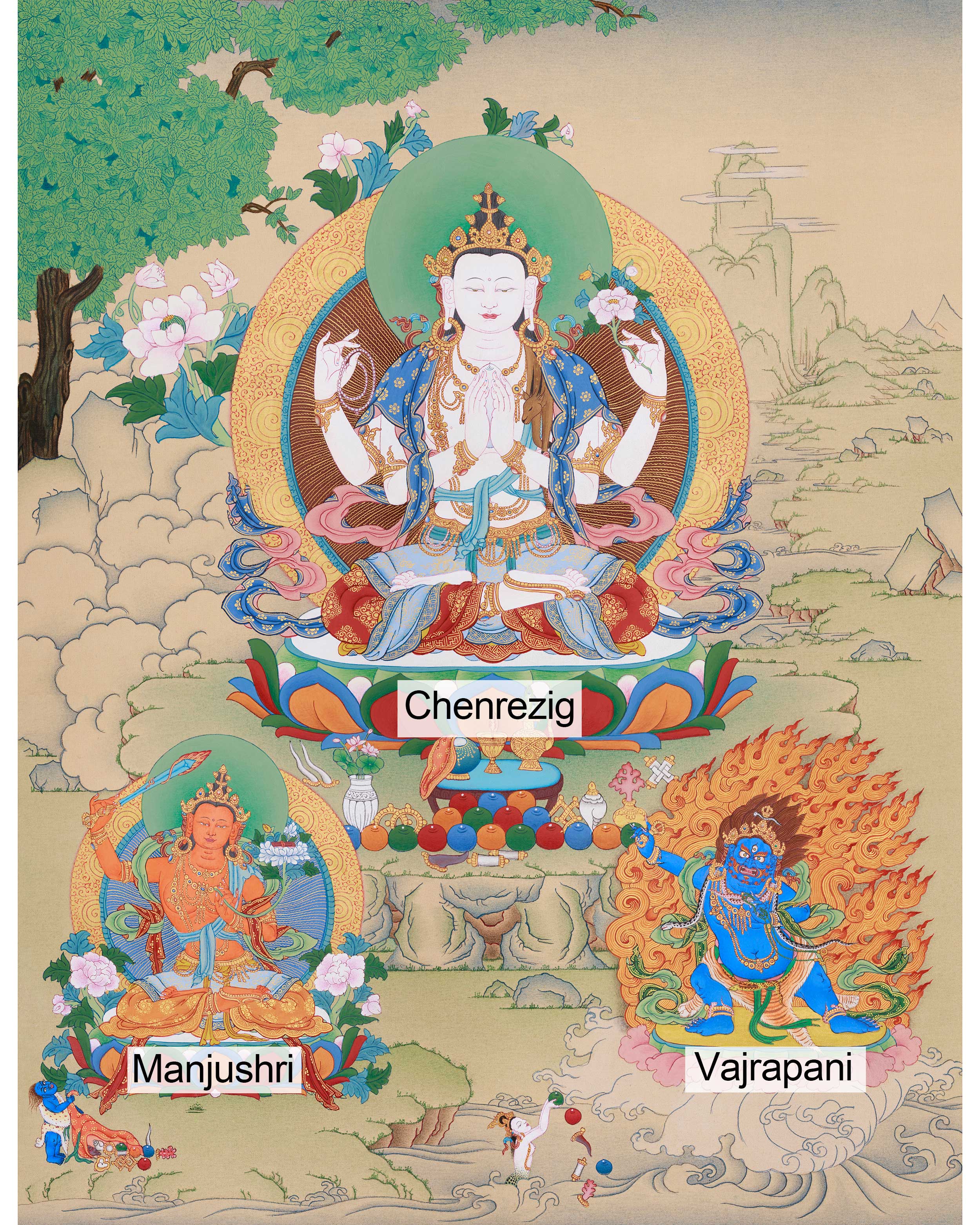 Bodhisattvas Chenrezig, Manjushri, and Vajrapani | Thangka of Divine Trio