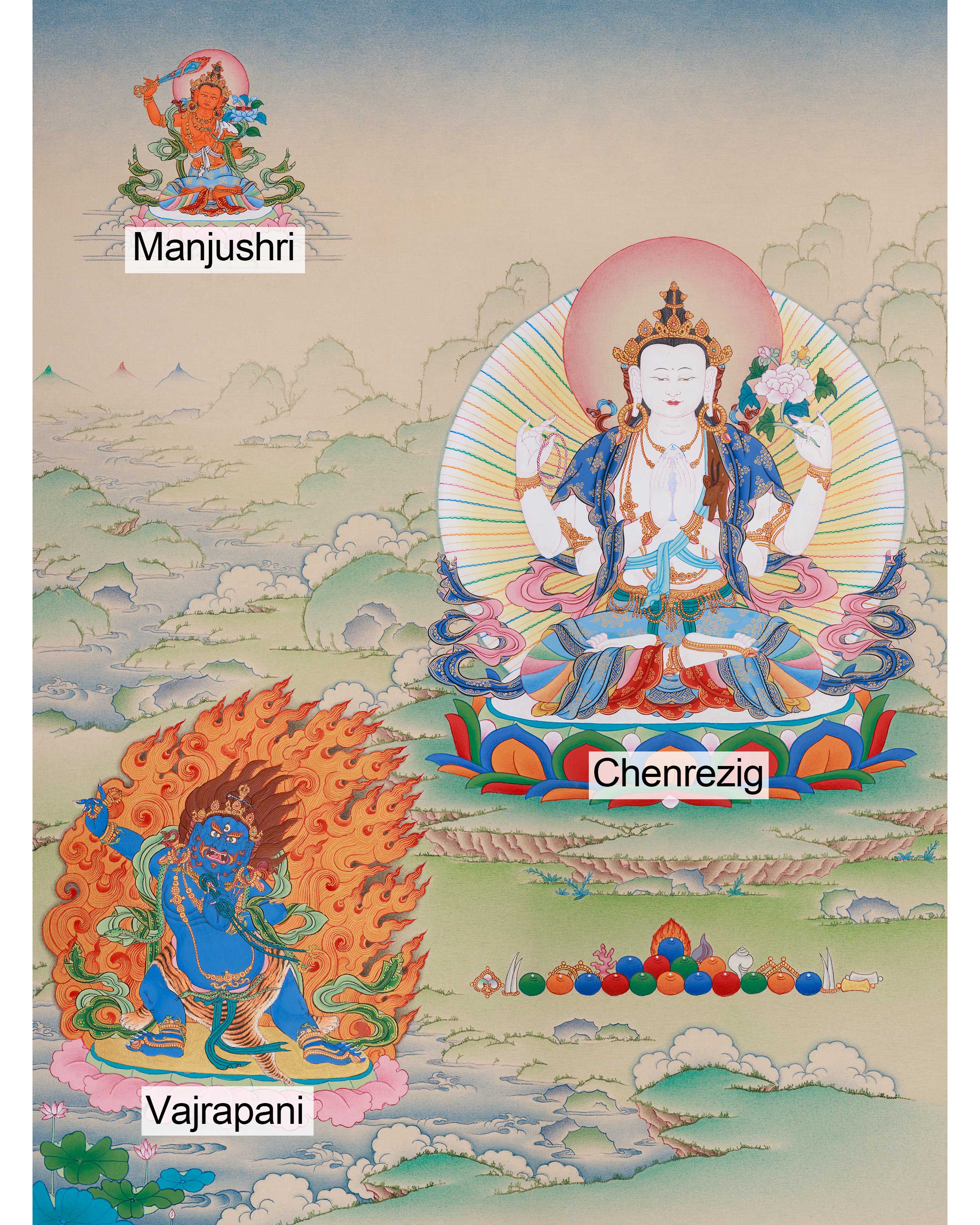 Thangka of Four-Armed Chenrezig, Compassion Buddha | With Manjushri and Vajrapani