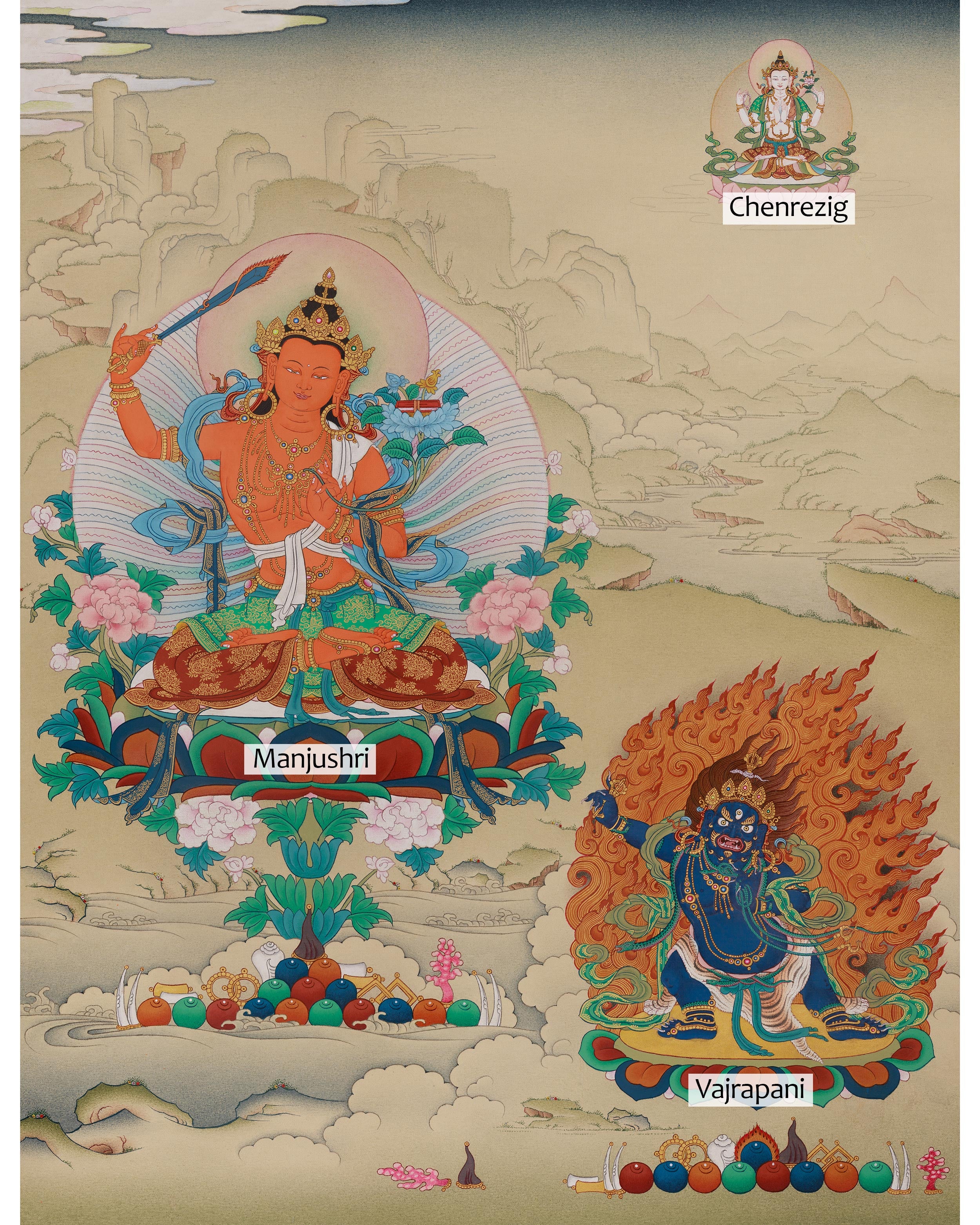 Manjushri With Vajrapani and Chenrezig Thangka | Sacred Wisdom Compassion Deity