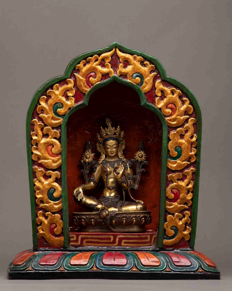 Vintage 25+ year old &nbsp;Green Tara Sculpture With Wooden Throne