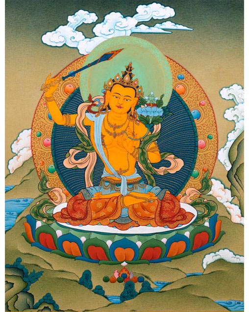 Manjushri Bodhisattva Thangka, Tibetan Vajrayana Buddhist Art, Hand Painted in 24K Gold