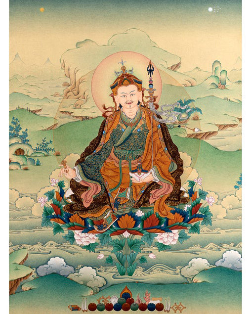 Guru Rinpoche, Padmasambhava Thangka Painting, Tibetan Buddhist Painting in Natural Stone Color & 24K Gold