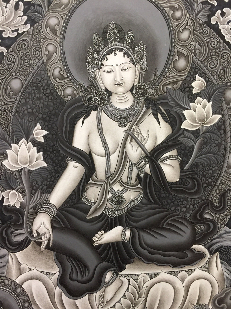 Green Tara thangka flanked by Manjusree and Vajrapani | Arya Tara Dolma Painting