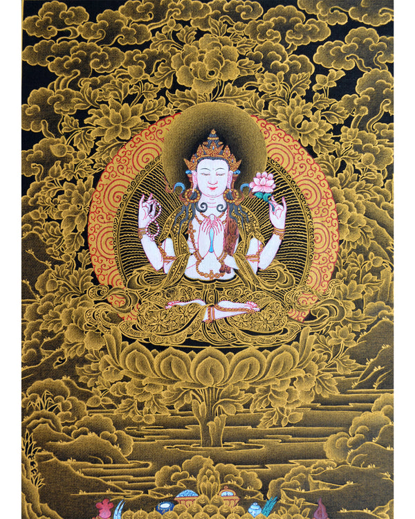 Avalokiteshvara Bodhisattva Thangka, Chenresig, Tibetan Himalayan Vajrayana Buddhist art, Bodhisattva