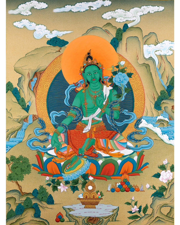 Green Tara Thangka | Mother Bodhisattva | Menri Style | Himalayan Buddhist Deity