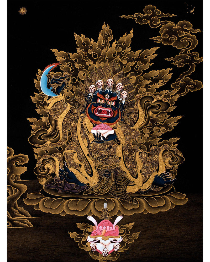 Mahakala Bernagchen Thangka, Traditional Black & Gold Tibetan Thangka Painting, includes Traditional Silk Brocade