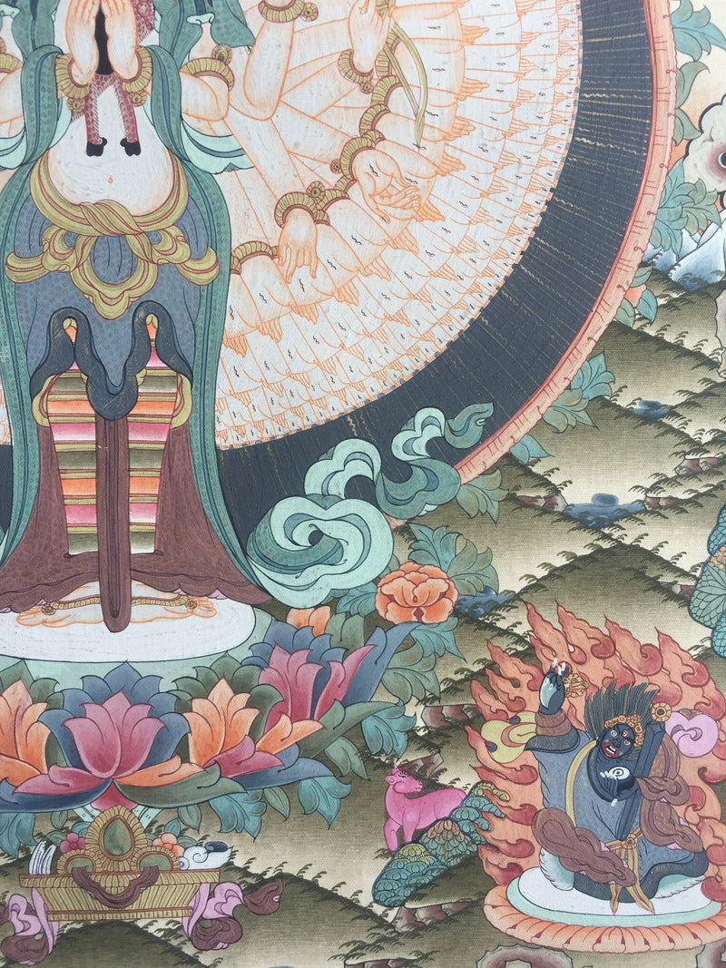 Chengrezig Thangka,Avalokitesvara Thangka-with 24 karat Gold