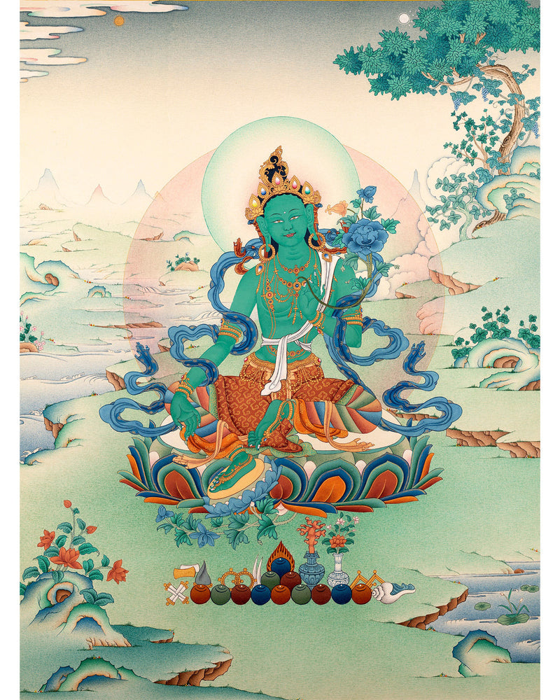 Green Tara | Traditional Tibetan Tara Thangka in Natural stone colors
