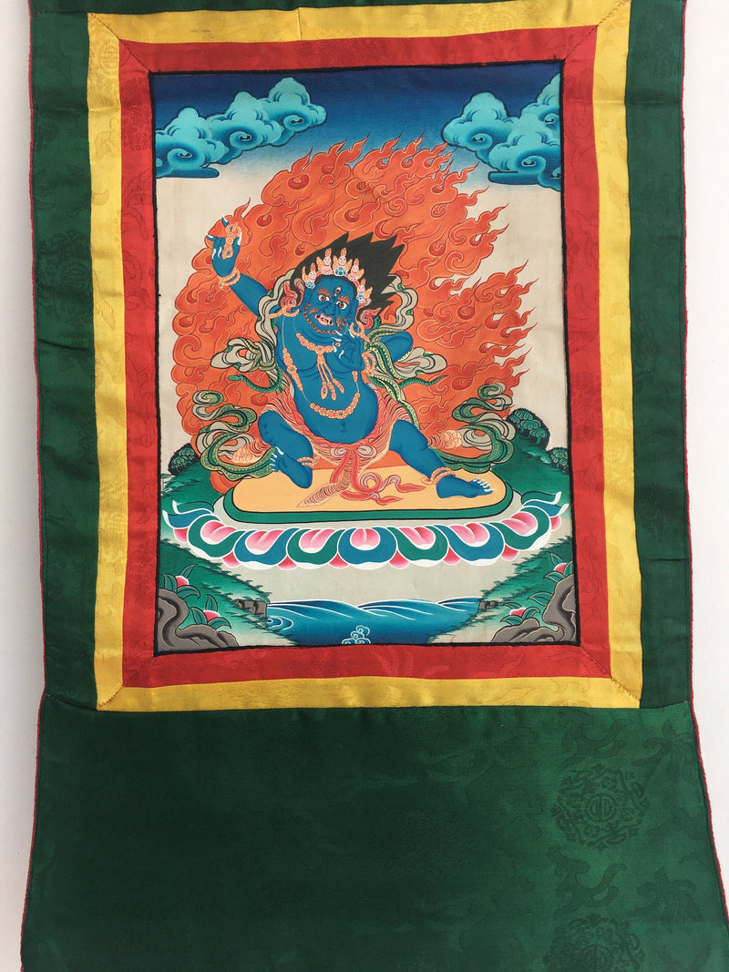 Arya Bodhisattva Vajrapani Thangka Painting with Brocade Mounted | Tantric Wrathful Bodhisattva Painting | Wall Hanging Yoga Meditation Art