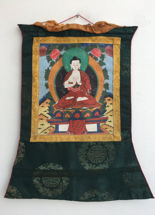 Vintage Vairocana Buddha Thangka | Mounted Brocade Art | Tibetan Wall Decoration