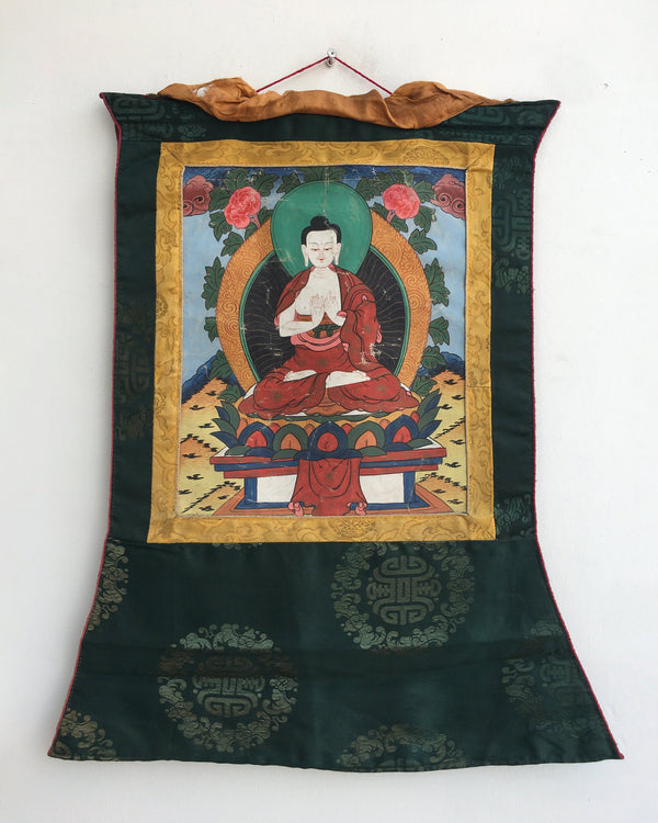 Vintage Vairocana Buddha Thangka | Mounted Brocade Art | Tibetan Wall Decoration