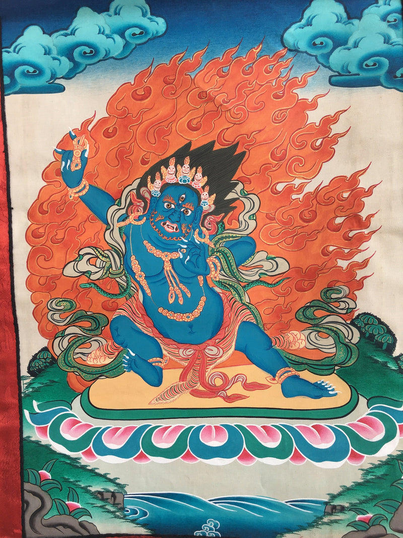 Arya Bodhisattva Vajrapani Thangka Painting with Brocade Mounted | Tantric Wrathful Bodhisattva Painting | Wall Hanging Yoga Meditation Art