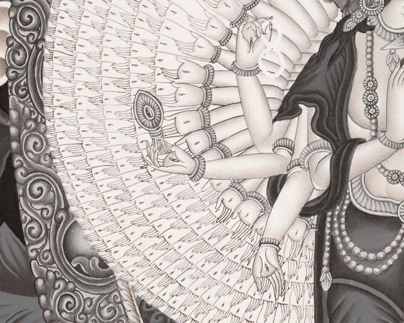 Black & White Bodhisattva 1,000 Armed Avalokitesvara Thangka | God of Compassion