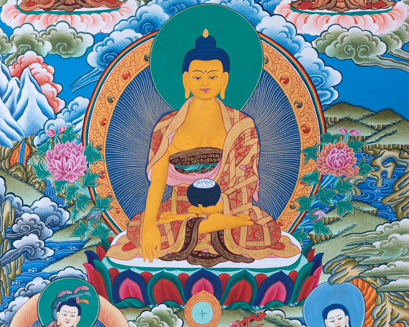 Thangka Painting of  Shakyamuni , Dipankara  and Maitreya Buddha Surrounded by The Great Buddhist Masters