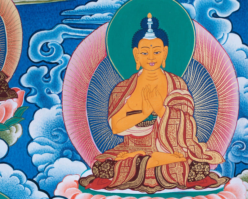 Thangka Painting of  Shakyamuni , Dipankara  and Maitreya Buddha Surrounded by The Great Buddhist Masters