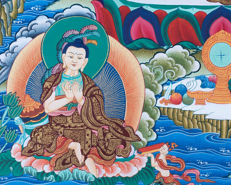 Thangka Painting of  Shakyamuni , Dipankara  and Maitreya Buddha Surrounded by The Great Buddhist Masters