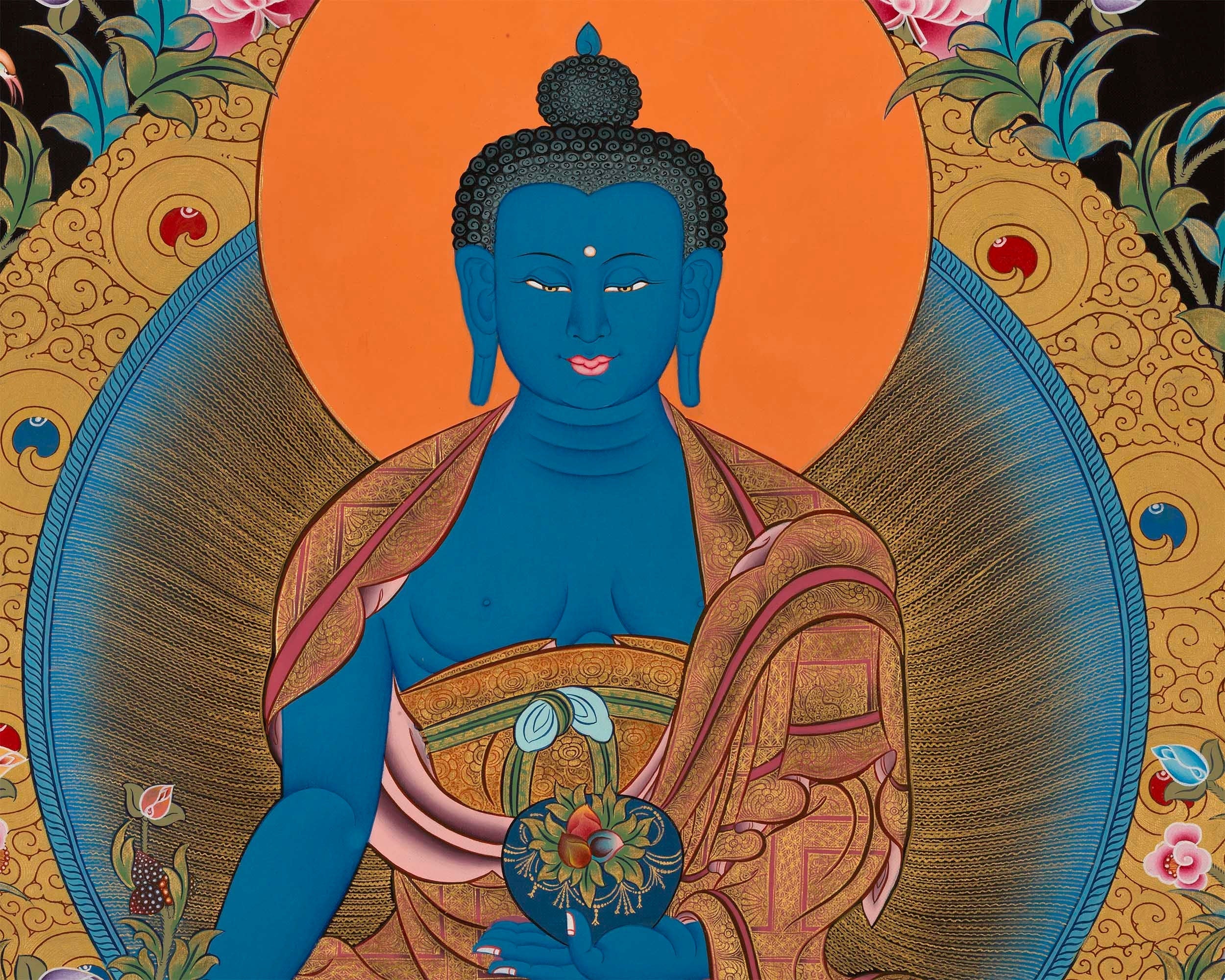 Original Hand Painted 24 Carat Gold Black and  Gold Medicine Buddha Thangka Painting Done By Senior Nepali Artist For Healing Sickness