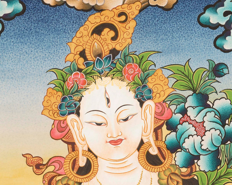 White Tara, Long Life Deity With Five Buddhas Thangka Painting With Detail Finishing Flanked By Namgyalma and Amityaus With Beautiful Colors