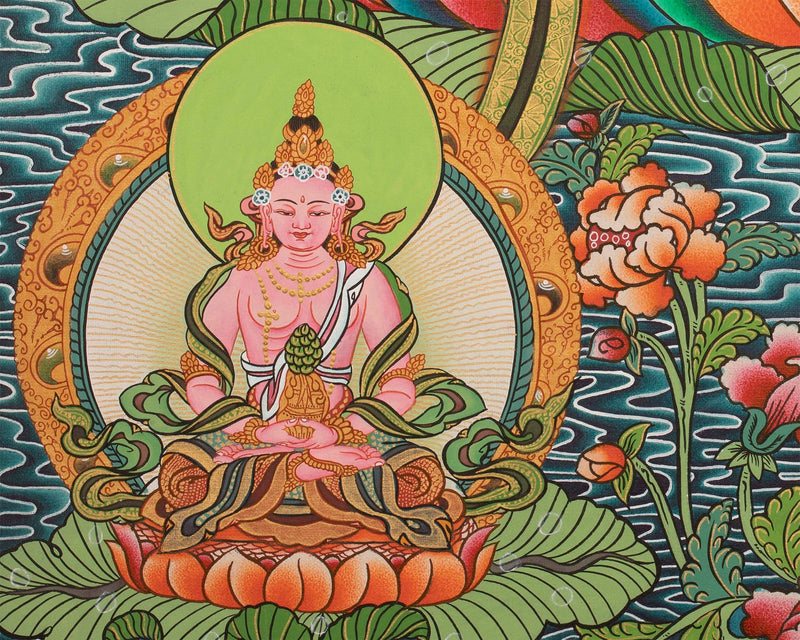 White Tara, Long Life Deity With Five Buddhas Thangka Painting With Detail Finishing Flanked By Namgyalma and Amityaus With Beautiful Colors