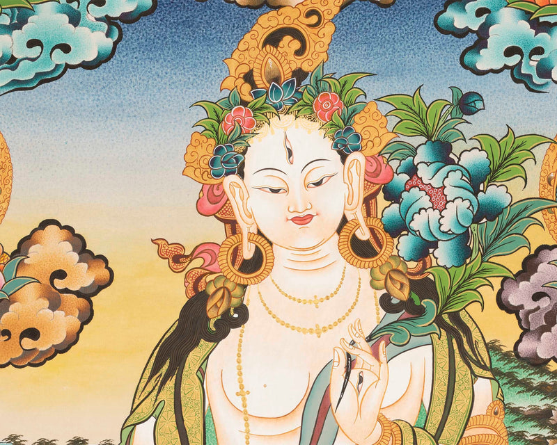 White Tara, Long Life Deity With Five Buddhas Thangka Painting With Detail Finishing Flanked By Namgyalma and Amityaus With Beautiful Colors