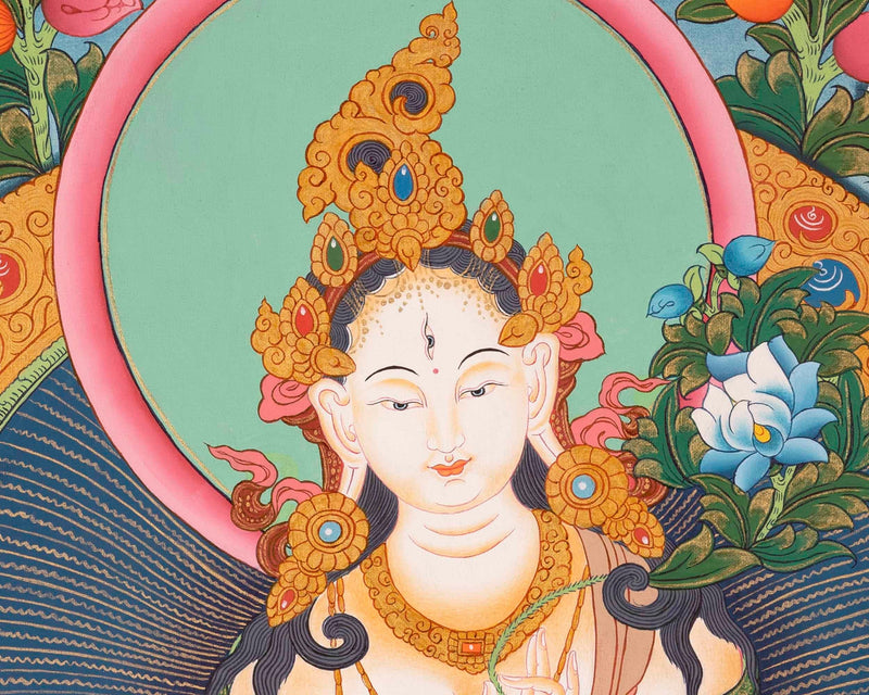 White Tara Thangka Flanked By Other Bodhisattva | Wall Decoration Painting | Art Painting for Meditation and Good Luck to house